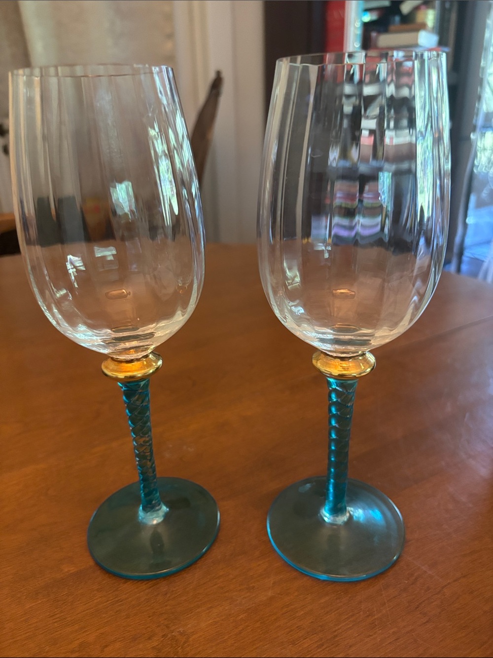 Vintage Cristal d’Arques Angelique Aqua Wine Glasses Gold Collar Twisted